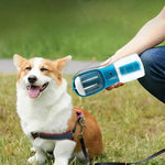 Portable pet water bottle with built-in food storage compartment
